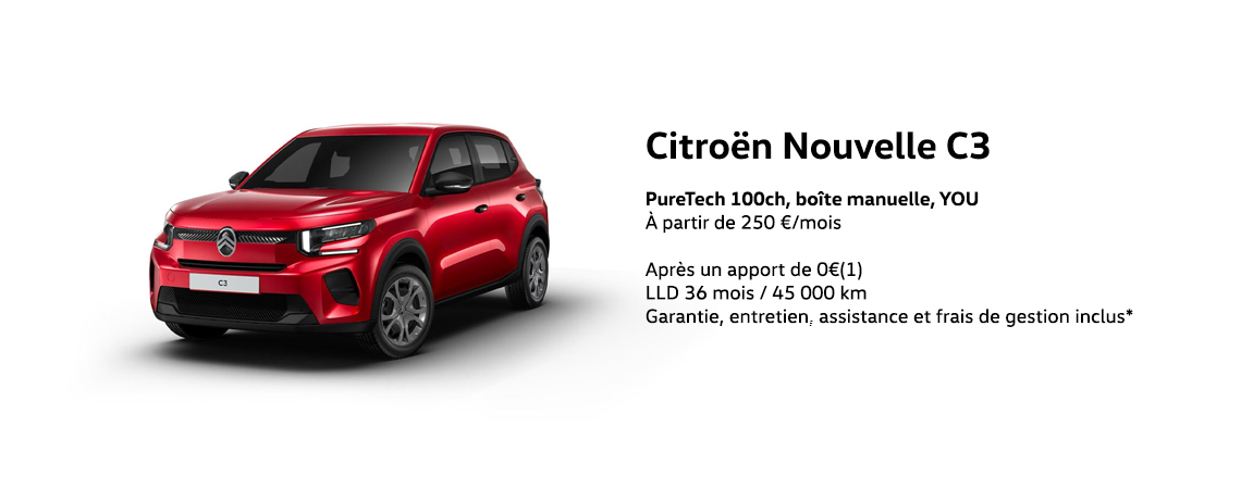 CITROEN NOUVELLE C3 PURETECH 100CH, BOÎTE MANUELLE, YOU À PARTIR DE 250 €/MOIS