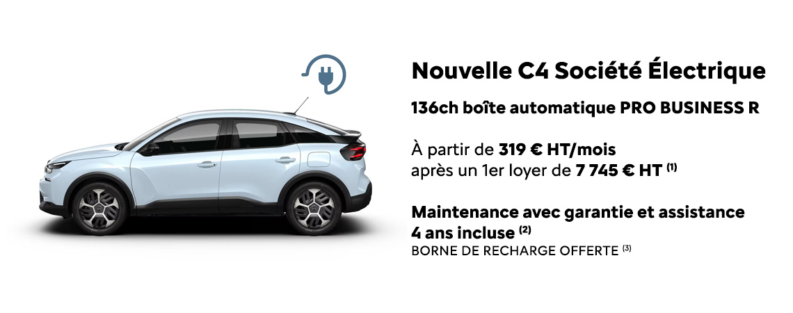 CITROËN NOUVELLE C4 SOCIÉTÉ ÉLECTRIQUE 136CH BOÎTE AUTOMATIQUE PRO BUSINESS R À PARTIR DE 319 €HT/MOIS