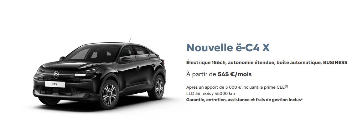 Citroën Nouvelle ë-C4 X  Électrique 156ch, autonomie étendue, boîte automatique, BUSINESS À partir de 530 €/mois
