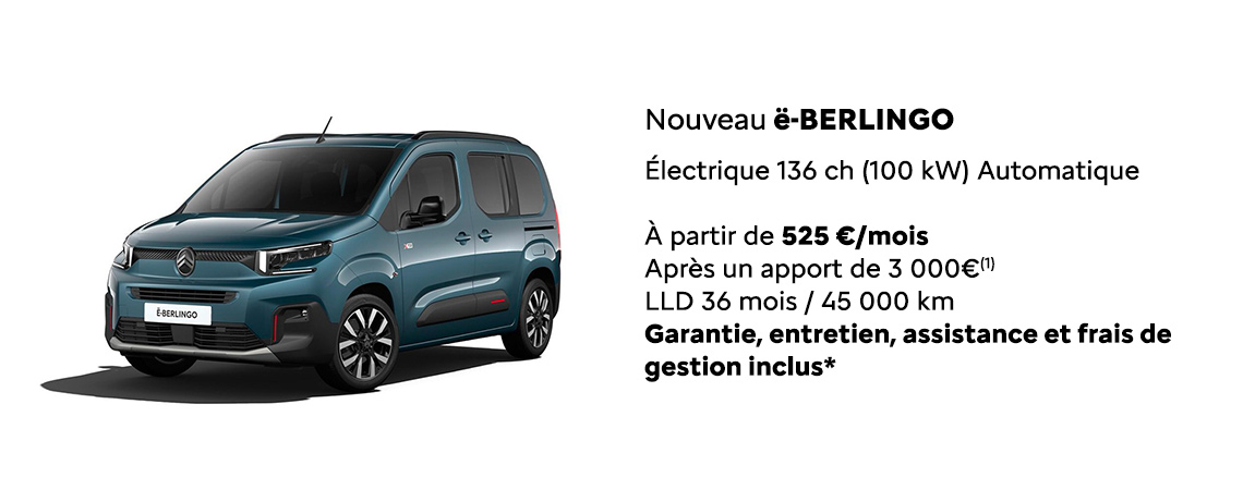 CITROËN Ë-BERLINGO ÉLECTRIQUE 136 CH (100 KW) AUTOMATIQUE À PARTIR DE 525 €/MOIS