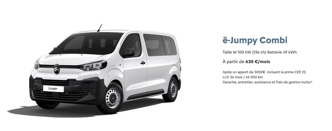 Citroën ë-Jumpy Combi  Taille M 100 kW (136 ch) Batterie 49 kWh  À partir de 640 €/mois 