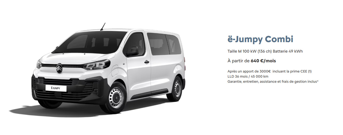 Citroën ë-Jumpy Combi  Taille M 100 kW (136 ch) Batterie 49 kWh  À partir de 640 €/mois 