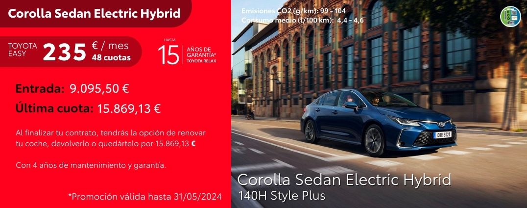Corolla Sedan Electric Hybrid 140H Style 235€/mes*