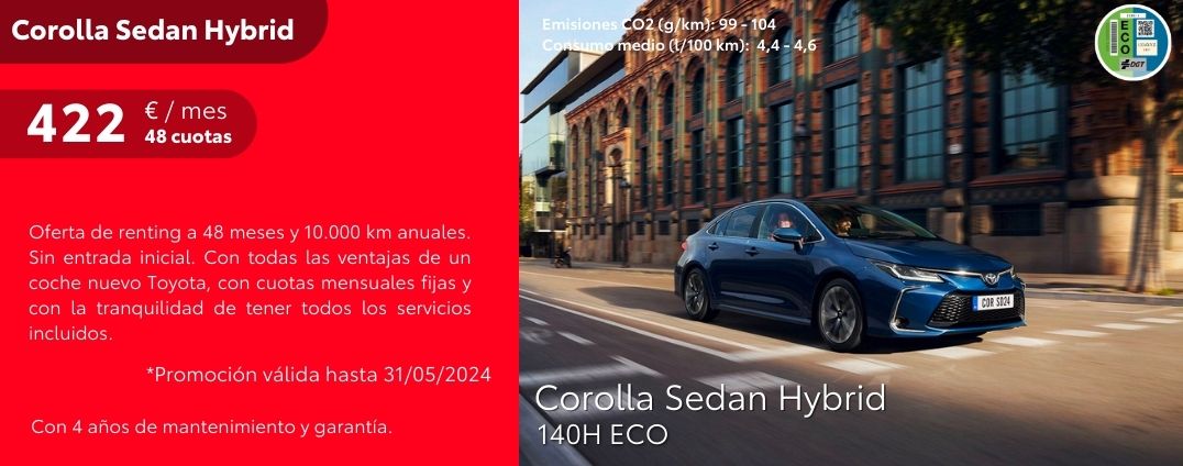 Corolla Sedan Hybrid 140H ECO por 422€/mes*