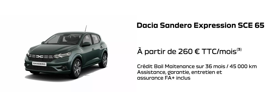 Dacia Sandero Expression SCE 65 À partir de 260 € TTC/mois