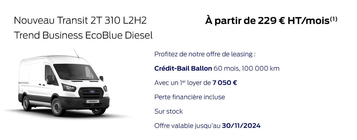 Ford Transit 2T 310 L2H2 Trend Business EcoBlue Diesel À partir de 229 € HT/mois