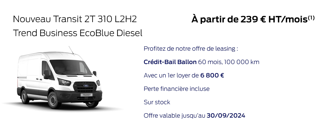 Ford Transit 2T 310 L2H2 Trend Business EcoBlue Diesel À partir de 239 € HT/mois