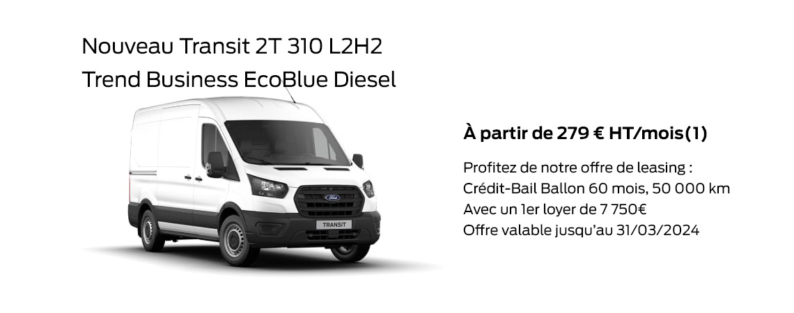Ford Transit 2T 310 L2H2 Trend Business EcoBlue Diesel À partir de 279 € HT/mois