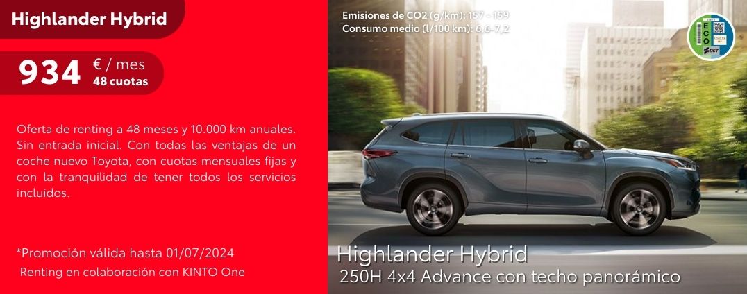 Highlander Hybrid 250H 4x4 por 934€/mes*