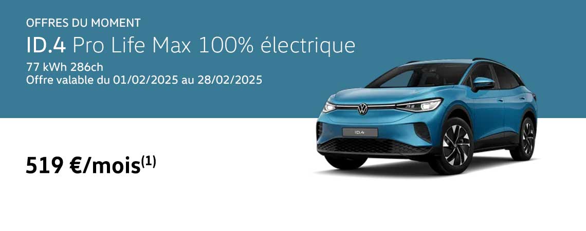 ID.4 Pro Life Max 100% électrique 77 kWh 286ch à partir de 519 €/mois