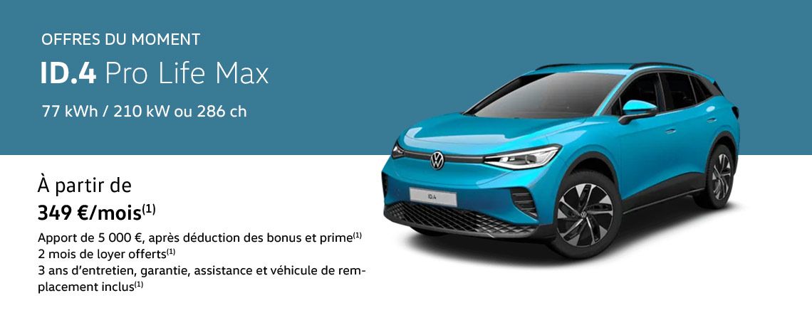 ID.4 Pro Life Max 77 kWh / 210 kW ou 286 ch À partir de 349 €/mois