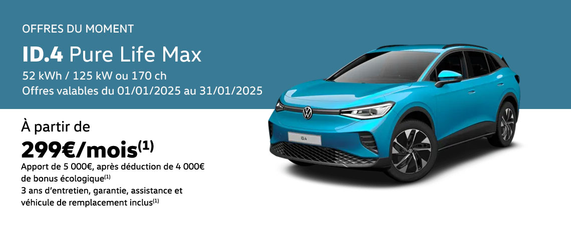 ID.4 Pure Life Max 52 kWh / 125 kW ou 170 ch À partir de 299€/mois 