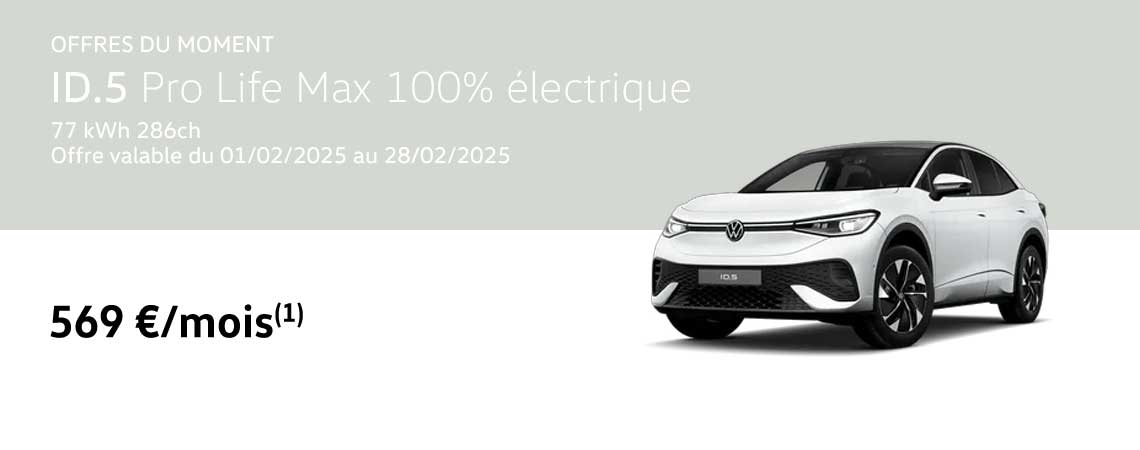 ID.5 Pro Life Max 100% électrique 77 kWh/ 286 ch à partir de 569 €/mois