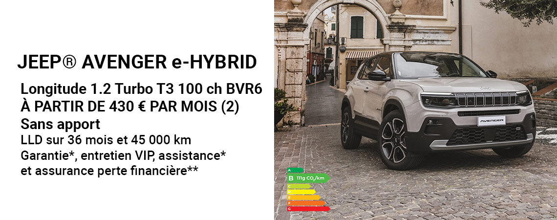 JEEP® AVENGER e-HYBRID  Longitude 1.2 Turbo T3 100 ch BVR6 À PARTIR DE 430 € PAR MOIS