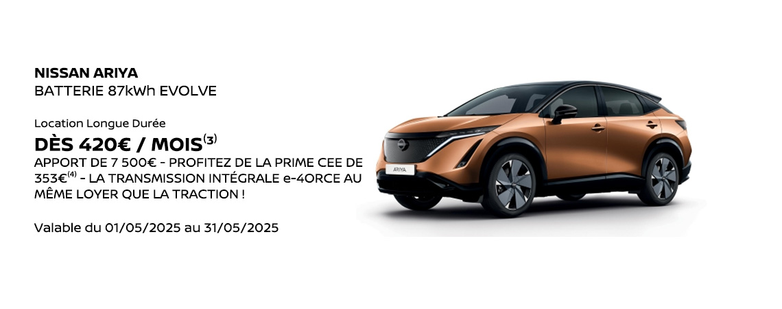 NISSAN ARIYA BATTERIE 87kWh EVOLVE e-4ORCE DÈS 420€ / MOIS