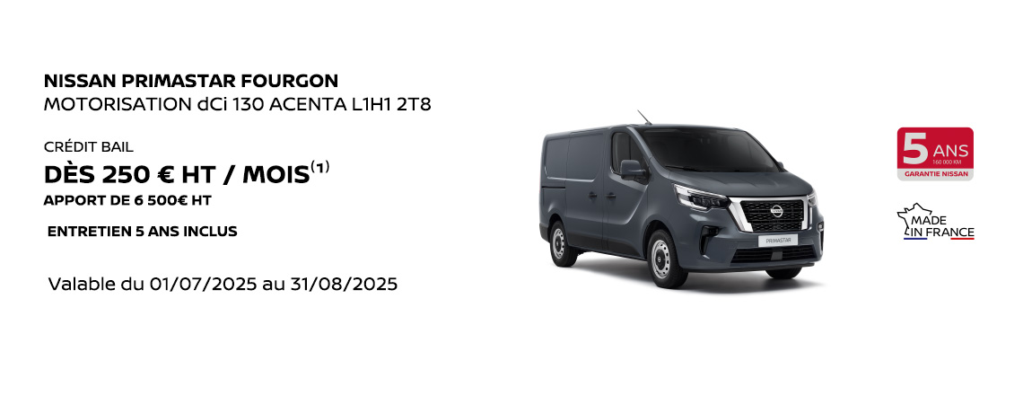 NISSAN PRIMASTAR FOURGON  MOTORISATION dCi 130 ACENTA L1H1 2T8 DÈS 250€ HT / MOIS