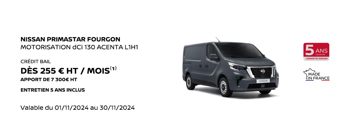 NISSAN PRIMASTAR FOURGON  MOTORISATION dCi 130 ACENTA L1H1 DÈS 255€ HT / MOIS