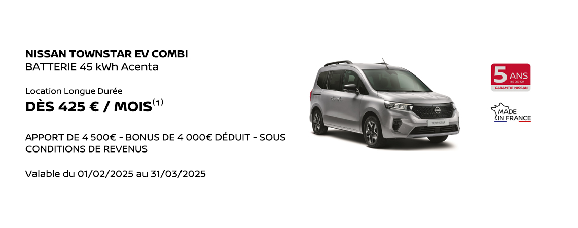 NISSAN TOWNSTAR EV COMBI BATTERIE 45 kWh ACENTA DÈS 425 €/MOIS 