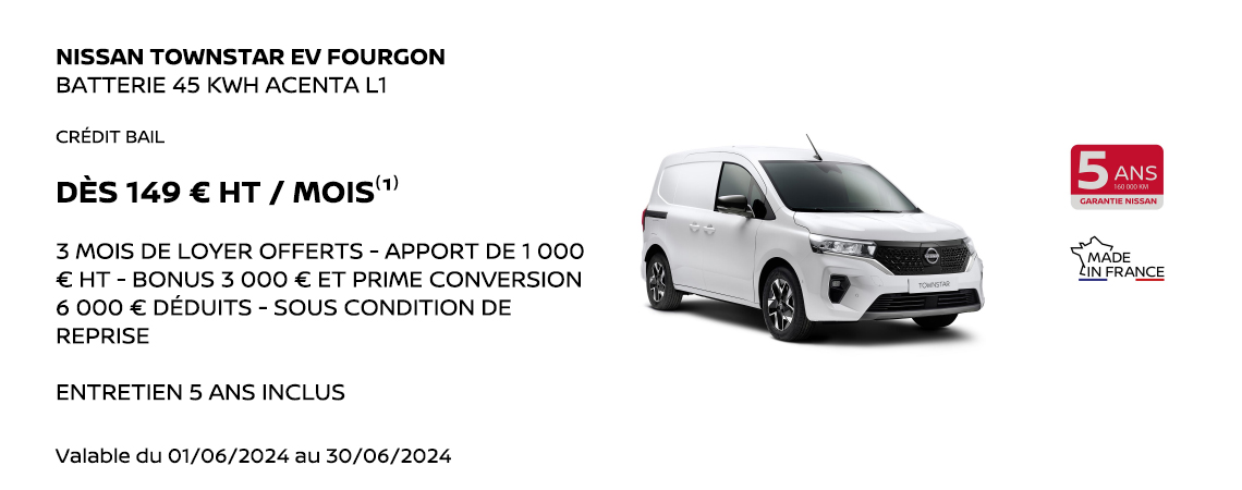 NISSAN TOWNSTAR EV FOURGON BATTERIE 45 KWH ACENTA L1 DÈS 149 € HT/MOIS