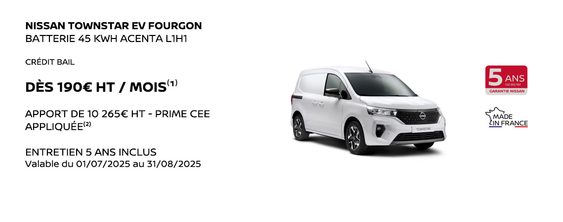 NISSAN TOWNSTAR EV FOURGON BATTERIE 45 KWH ACENTA L1 DÈS 190€ HT / MOIS 