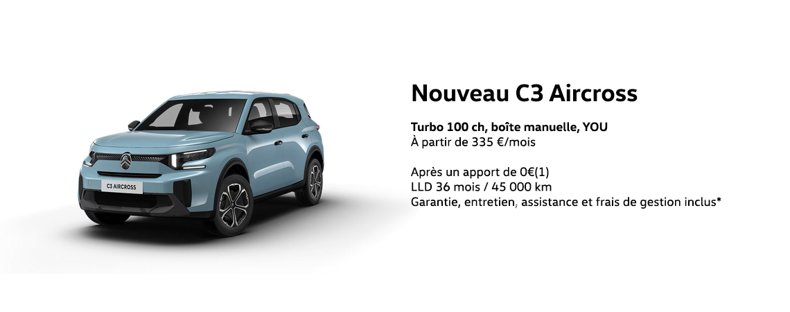 Nouveau C3 Aircross Turbo 100 ch, boîte manuelle, YOU  À partir de 335 €/mois 