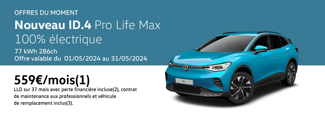 Nouveau ID.4 Pro Life Max 100% électrique 77 kWh 286ch À partir de 559€/mois