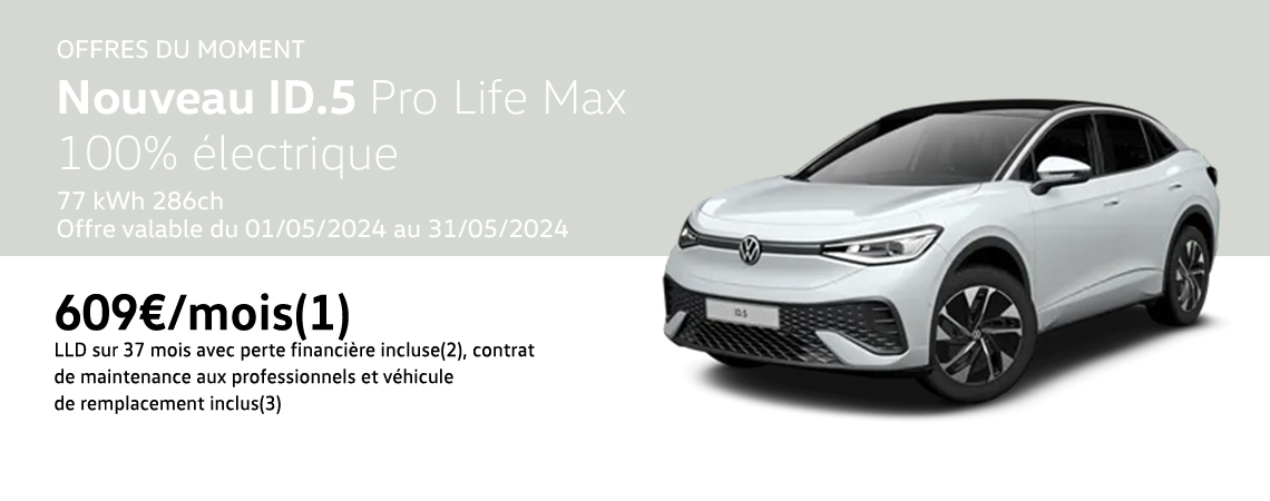Nouveau ID.5 Pro Life Max 100% électrique 77 kWh/ 286 ch À partir de 609€/mois