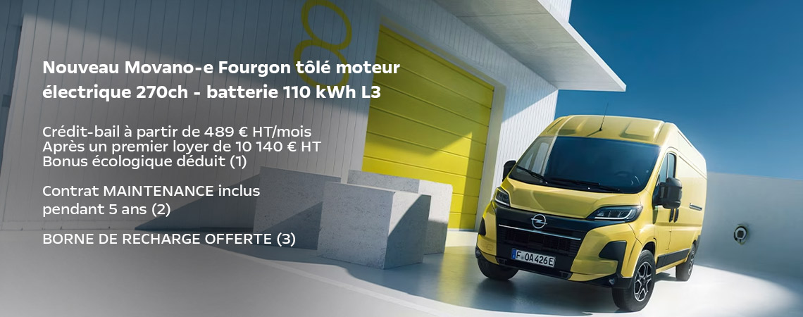 Opel Movano-E Fourgon tôlé moteur électrique 270ch - batterie 110 kWh L3 H2 3.5 t Maxi À partir de 489 € HT/mois
