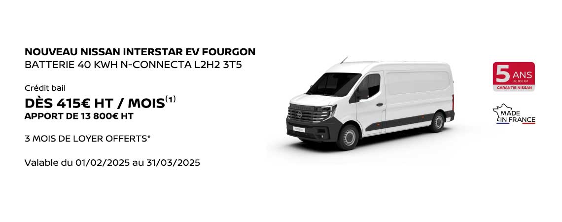 NOUVEAU NISSAN INTERSTAR EV FOURGON BATTERIE 40 KWH N-CONNECTA L2H2 3T5 DÈS 415€ HT / MOIS