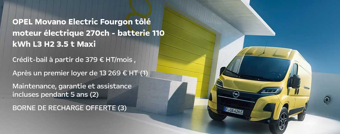 Nouveau OPEL Movano Electric Fourgon tôlé moteur électrique 270ch - batterie 110 kWh L3 H2 3.5 t Maxi à partir de 379 € HT/Mois