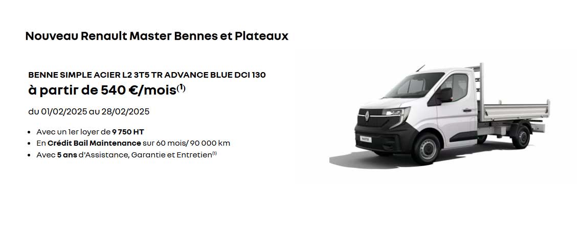 Nouveau Renault Master BENNE SIMPLE ACIER L2 3T5 TR ADVANCE BLUE DCI 130  à partir de 540 €/mois