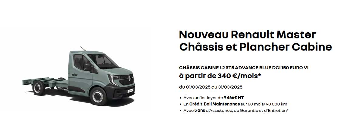 Nouveau Renault Master CHÂSSIS CABINE L2 3T5 ADVANCE BLUE DCI 150 EURO VI  à partir de 340 €/mois