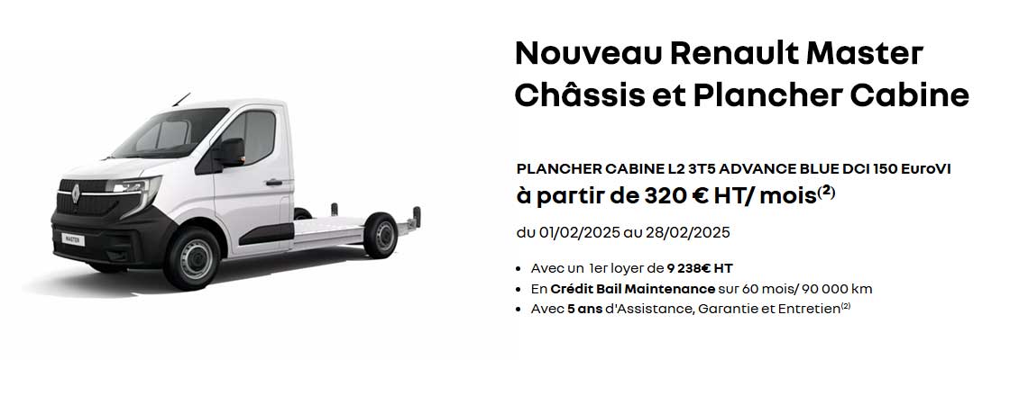 Nouveau Renault Master PLANCHER CABINE L2 3T5 ADVANCE BLUE DCI 150 EuroVI  à partir de 320 € HT/ mois