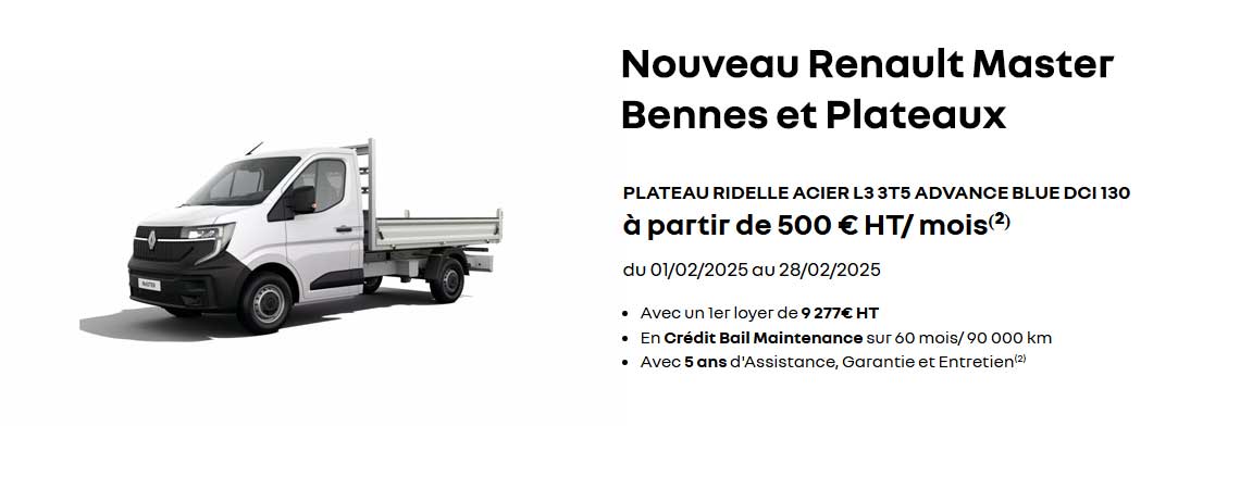 Nouveau Renault Master PLATEAU RIDELLE ACIER L3 3T5 ADVANCE BLUE DCI 130  à partir de 500 € HT/ mois