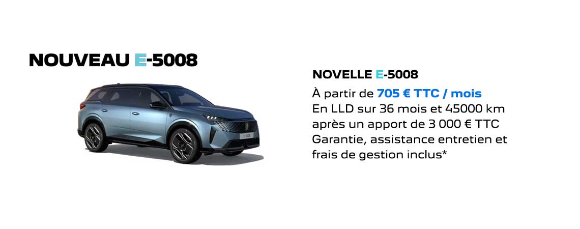 NOUVEAU SUV PEUGEOT E-5008 ELECTRIQUE GRANDE AUTONOMIE