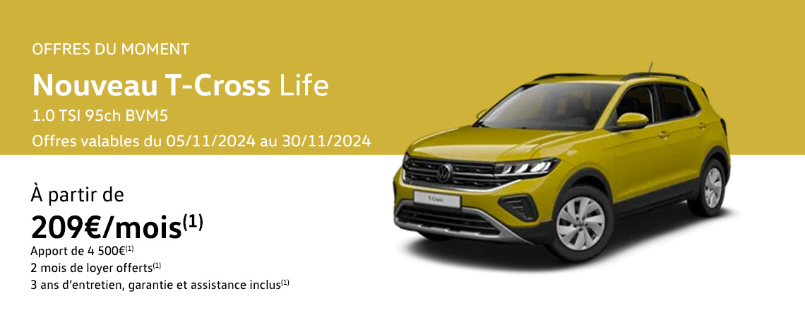 Nouveau T-Cross Life 1.0 TSI 95ch BVM5 À partir de 209 €/mois