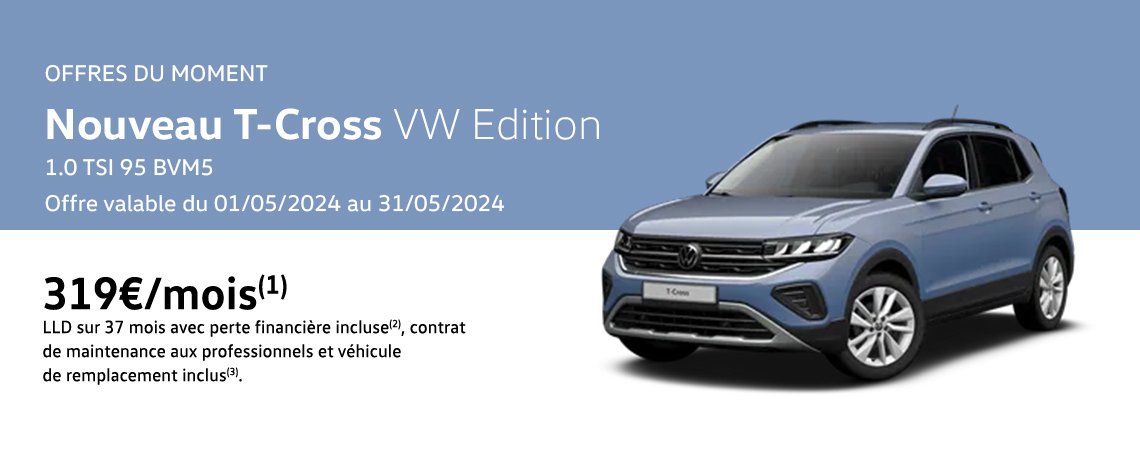 Nouveau T-Cross VW Edition 1.0 TSI 95 BVM5 À partir de 319€/mois