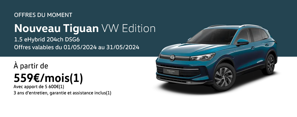 Nouveau Tiguan VW Edition 1.5 eHybrid 204ch DSG6 À partir de 559€/mois