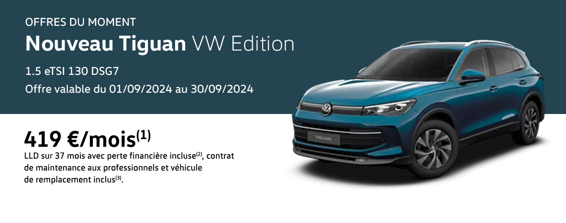 Nouveau Tiguan VW Edition 1.5 eTSI 130 DSG7 à partir de 419 €/mois