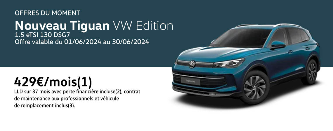 Nouveau Tiguan VW Edition 1.5 eTSI 130 DSG7 à partir de 429€/mois