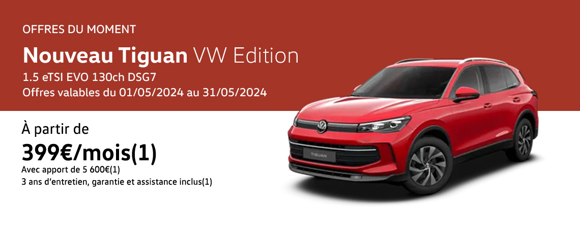 Nouveau Tiguan VW Edition 1.5 eTSI EVO 130ch DSG7 À partir de 399€/mois