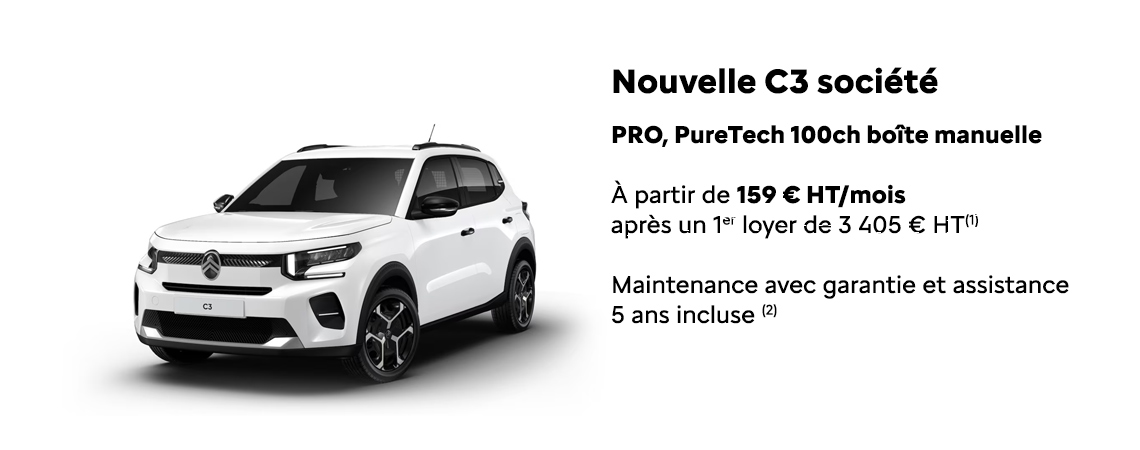 NOUVELLE C3 SOCIÉTÉ PRO, PURETECH 100CH BOÎTE MANUELLE À PARTIR DE 159 € HT/MOIS