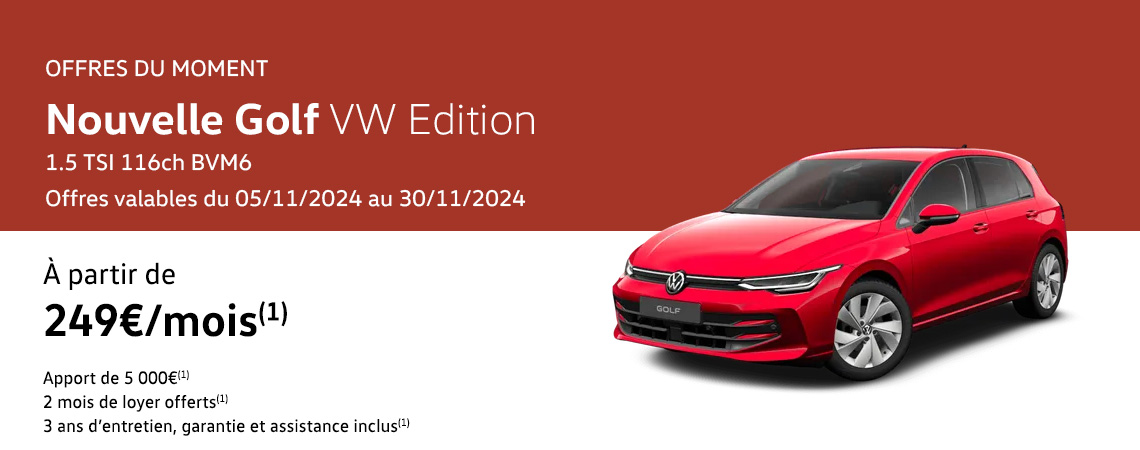 Nouvelle Golf VW Edition 1.5 TSI 116ch BVM6 À partir de 249 €/mois