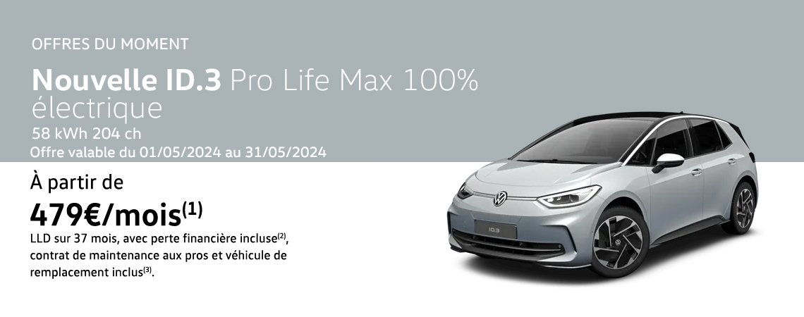 Nouvelle ID.3 Pro Life Max 100% électrique 58 kWh 204 ch À partir de 479€/mois 