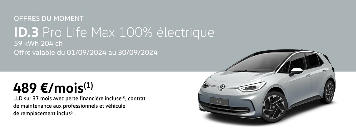 Nouvelle ID.3 Pro Life Max 100% électrique 59 kWh 204 ch À partir de 489 €/mois 