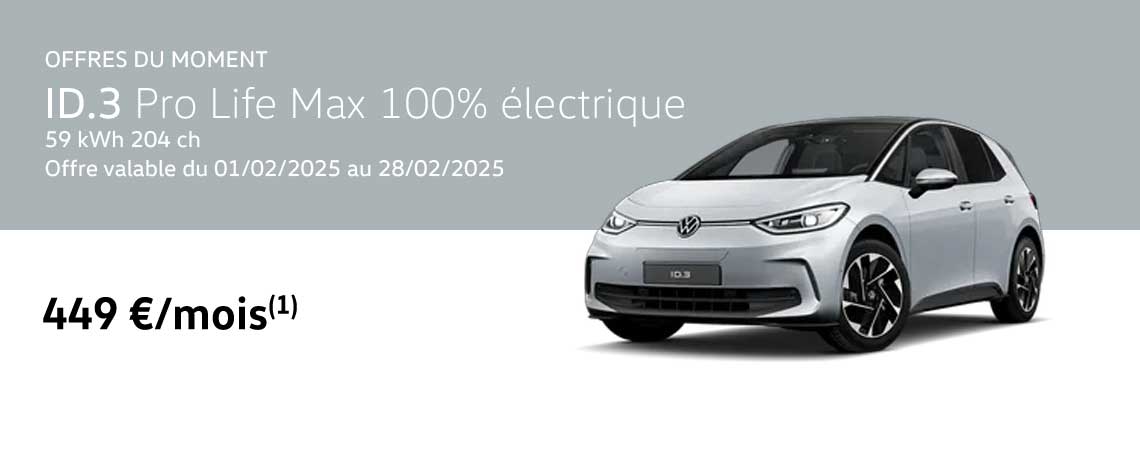 Nouvelle ID.3 Pro Life Max 100% électrique 59 kWh 204 ch à partir de 449 €/mois 