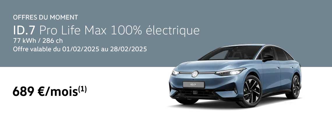 Nouvelle ID.7 Pro Life Max 100% électrique 77 kWh / 286 ch À partir de 689 €/mois