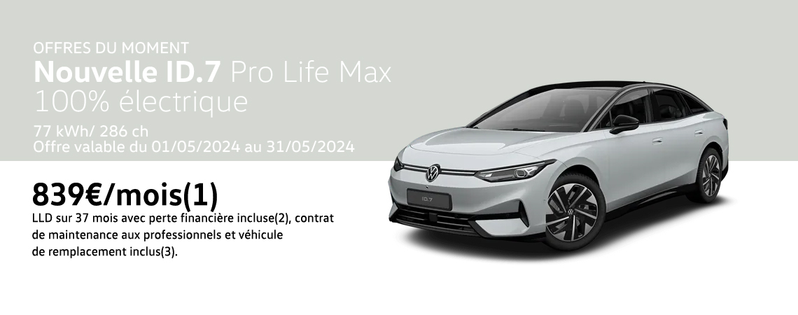 Nouvelle ID.7 Pro Life Max 100% électrique 77 kWh / 286 ch À partir de 839€/mois