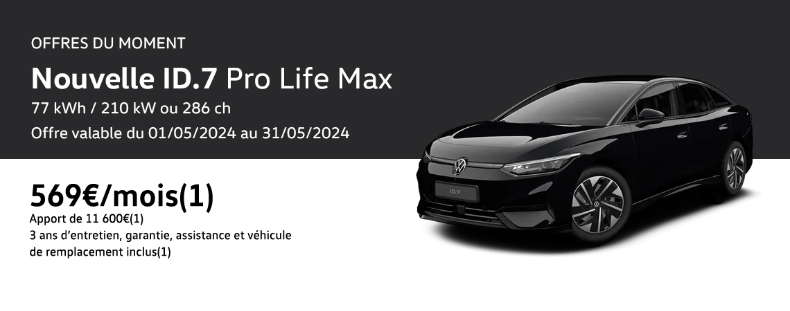 Nouvelle ID.7 Pro Life Max 77 kWh / 210 kW ou 286 ch À partir de 569/mois