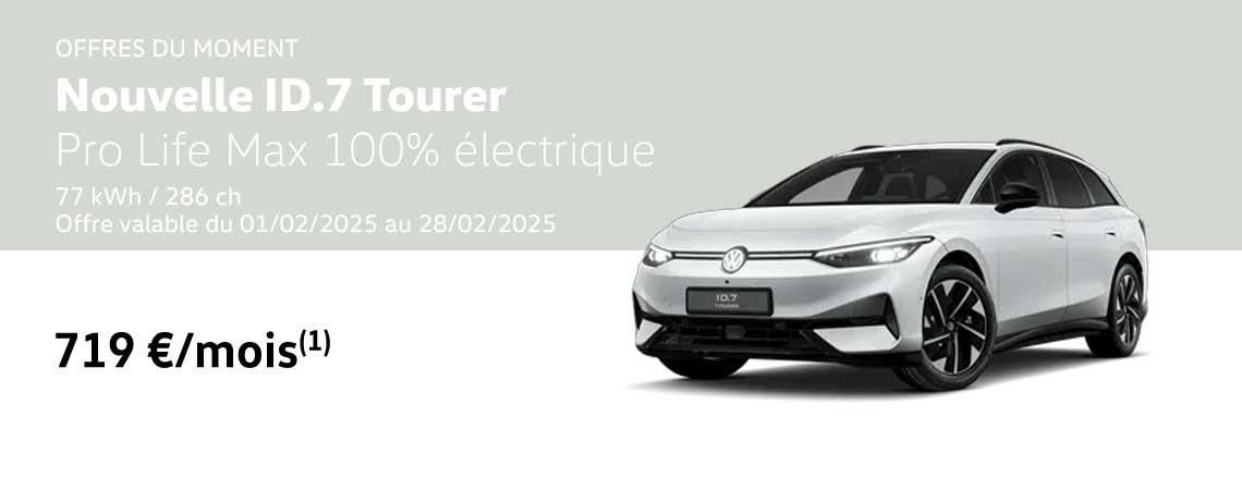 Nouvelle ID.7 Tourer Pro Life Max 100% électrique 77 kWh / 286 ch à partir de 719 €/mois